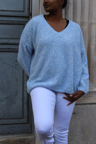 Pull oversize bleu col V femme – beautifulshop