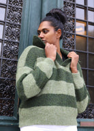 Pull rayé kaki col chemise – Taille unique 36/42 | Beautiful Shop