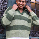 Pull rayé kaki col chemise – Taille unique 36/42 | Beautiful Shop