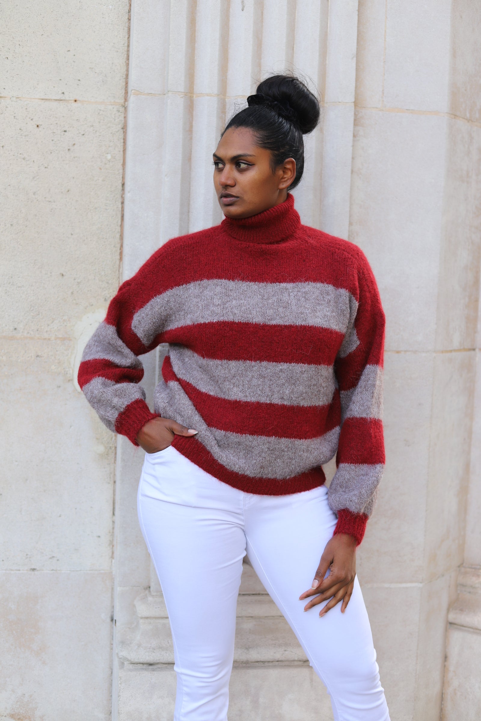 Pull rayé vert col roulé femme – Maille chaude - beautifulshop