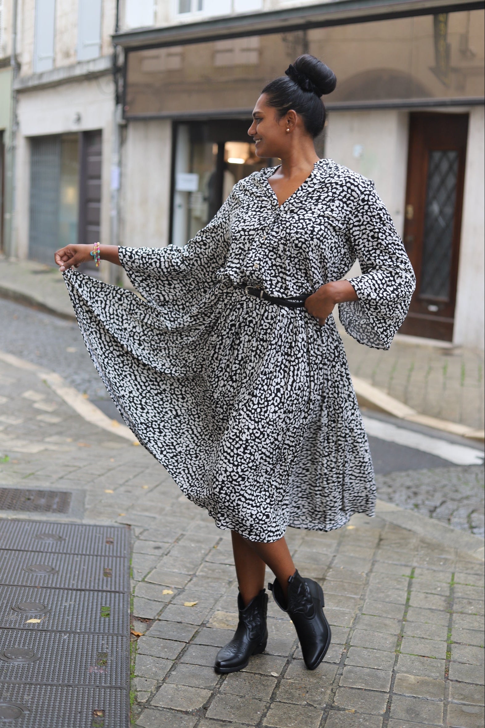 Robe Longue Imprimée Noire & Blanche-beautifulshop
