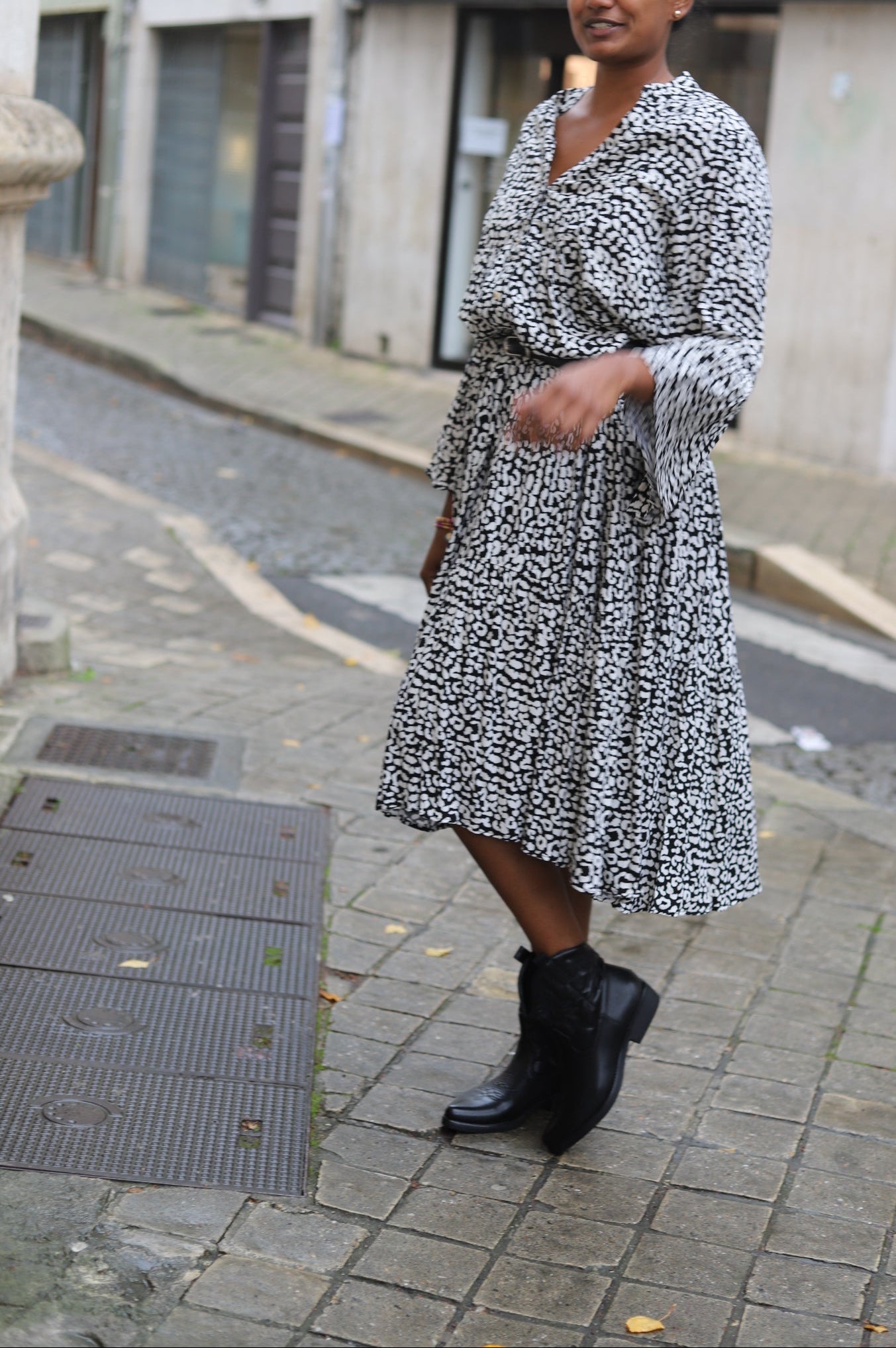 Robe Longue Imprimée Noire & Blanche-beautifulshop