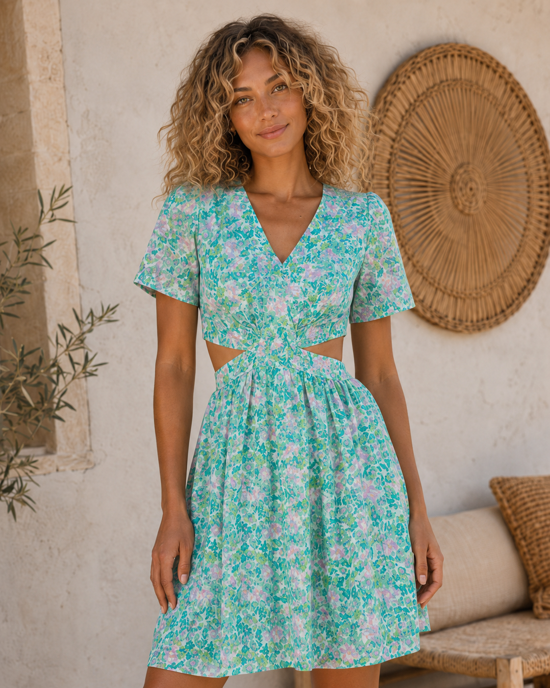  Robe courte florale dos ouvert vert d’eau