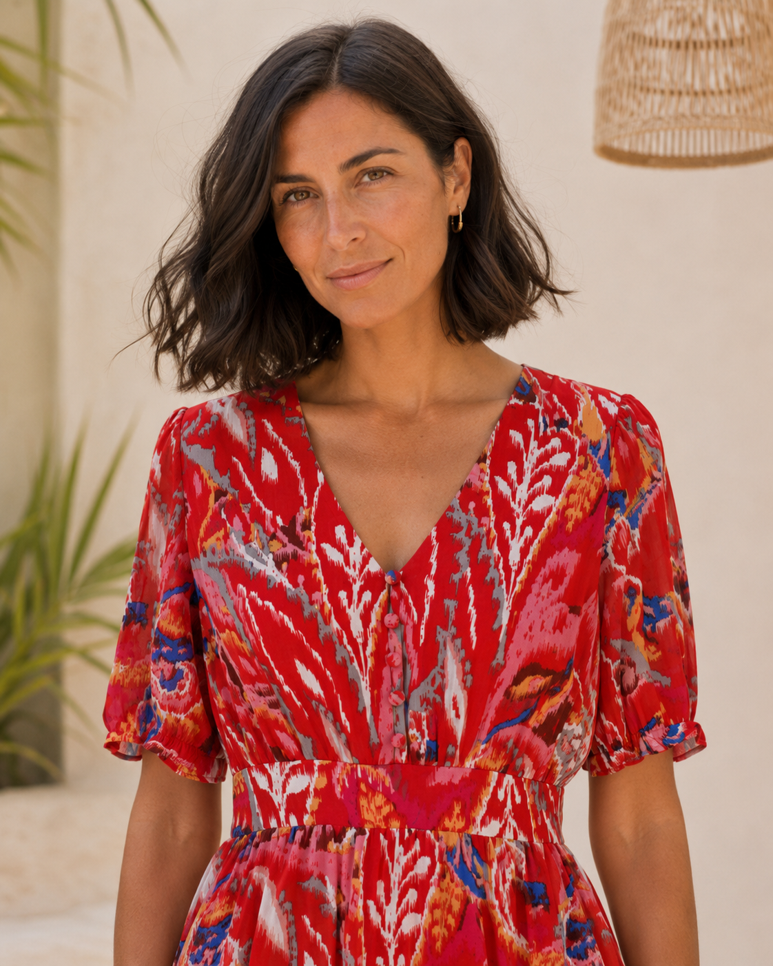     Robe courte imprimée rouge avec décolleté V, manches ballon et volants au bas