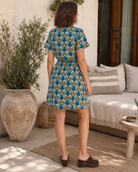     Robe courte imprimé exotique bleu canard