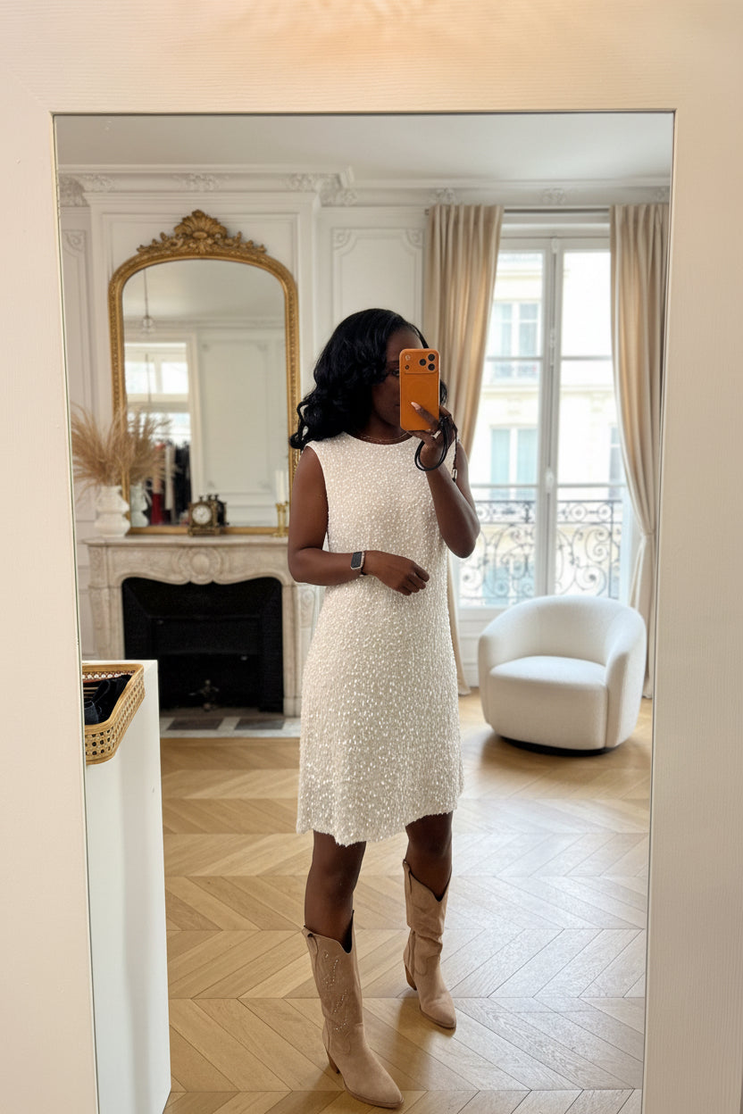 Robe de Soirée Écru à Sequins avec Grand Nœud au Dos-beautifulshop