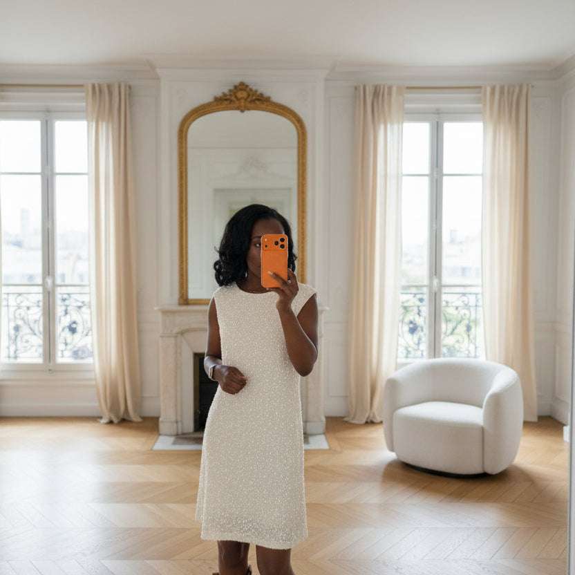 Robe de Soirée Écru à Sequins avec Grand Nœud au Dos-beautifulshop