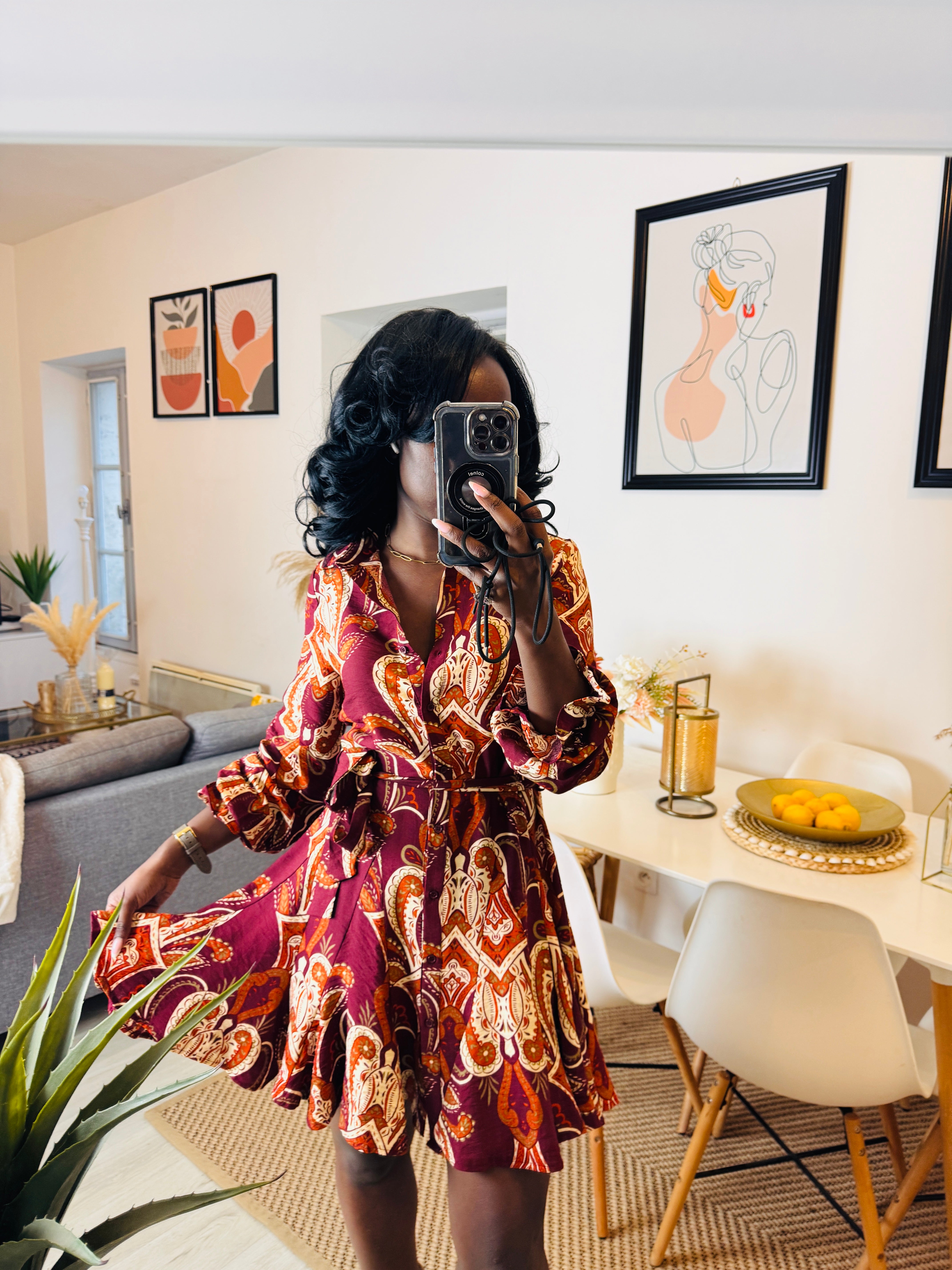 Robe fluide imprimée – Manches longues & boutonnée _-beautifulshop