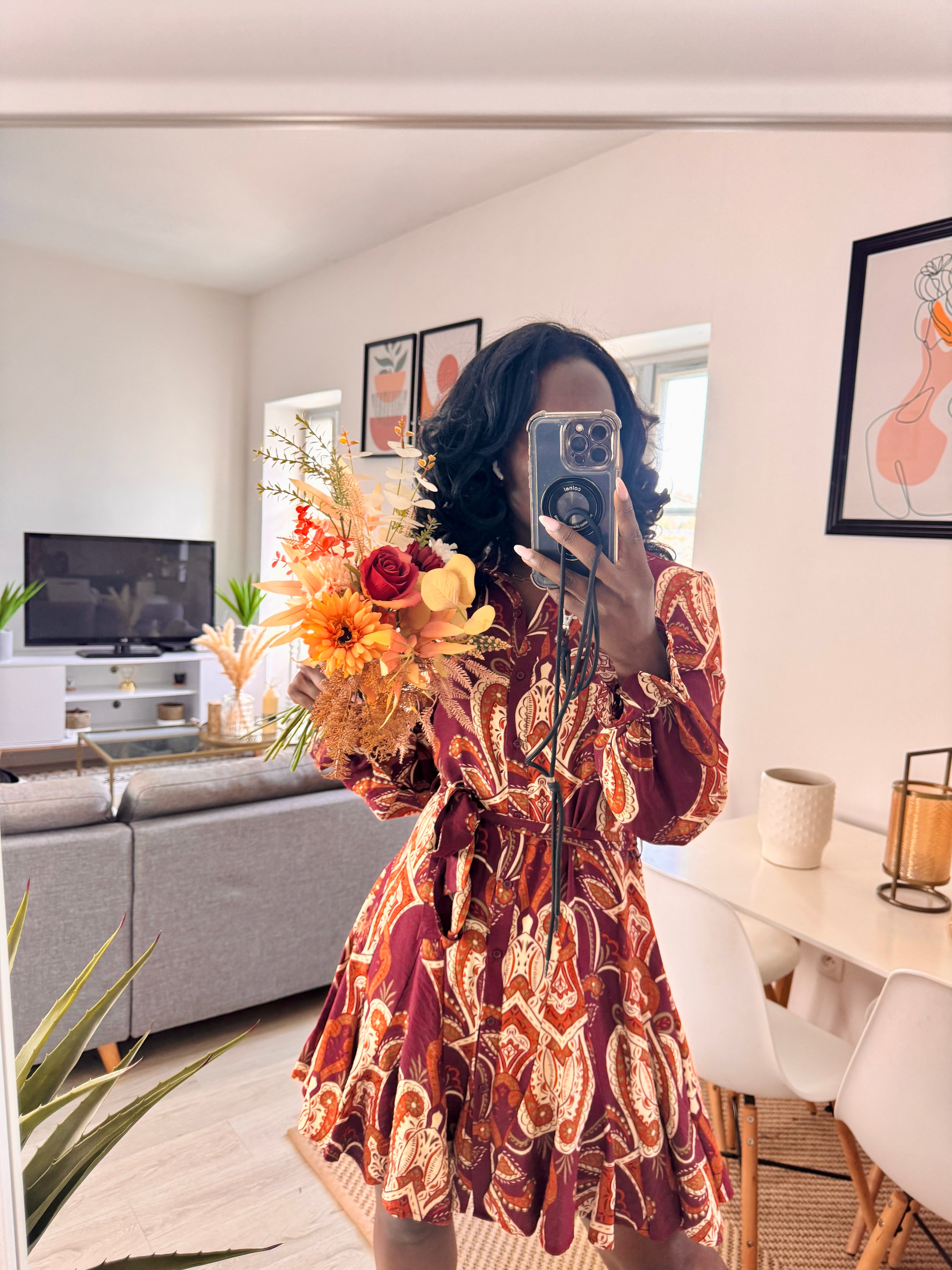 Robe fluide imprimée – Manches longues & boutonnée _-beautifulshop