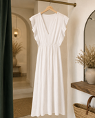     Robe longue blanche en gaze de coton avec col V