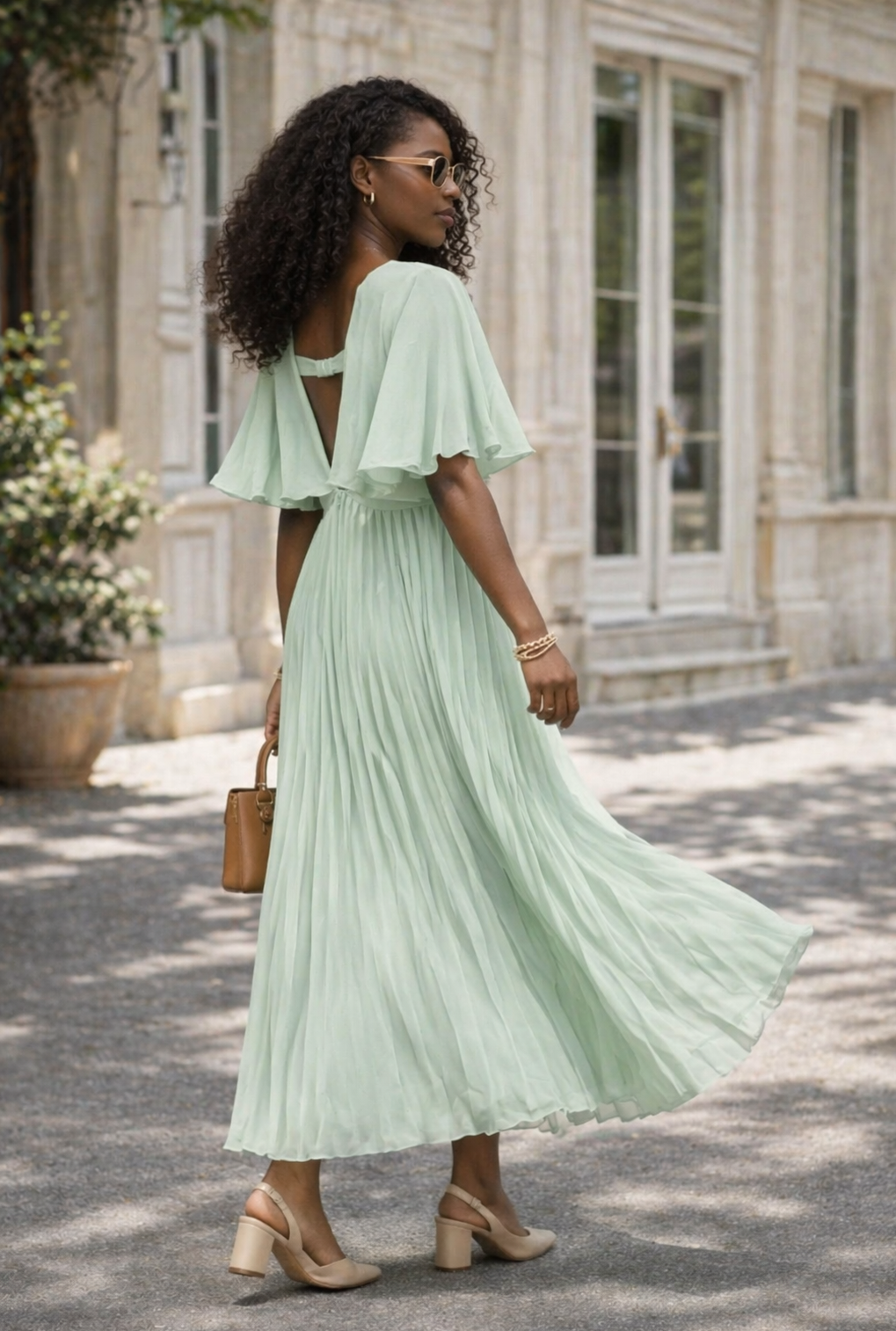     Robe longue cache-cœur plissée vert d’eau