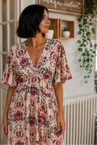     Robe longue imprimée femme à col V avec manches courtes et dos élastiqué