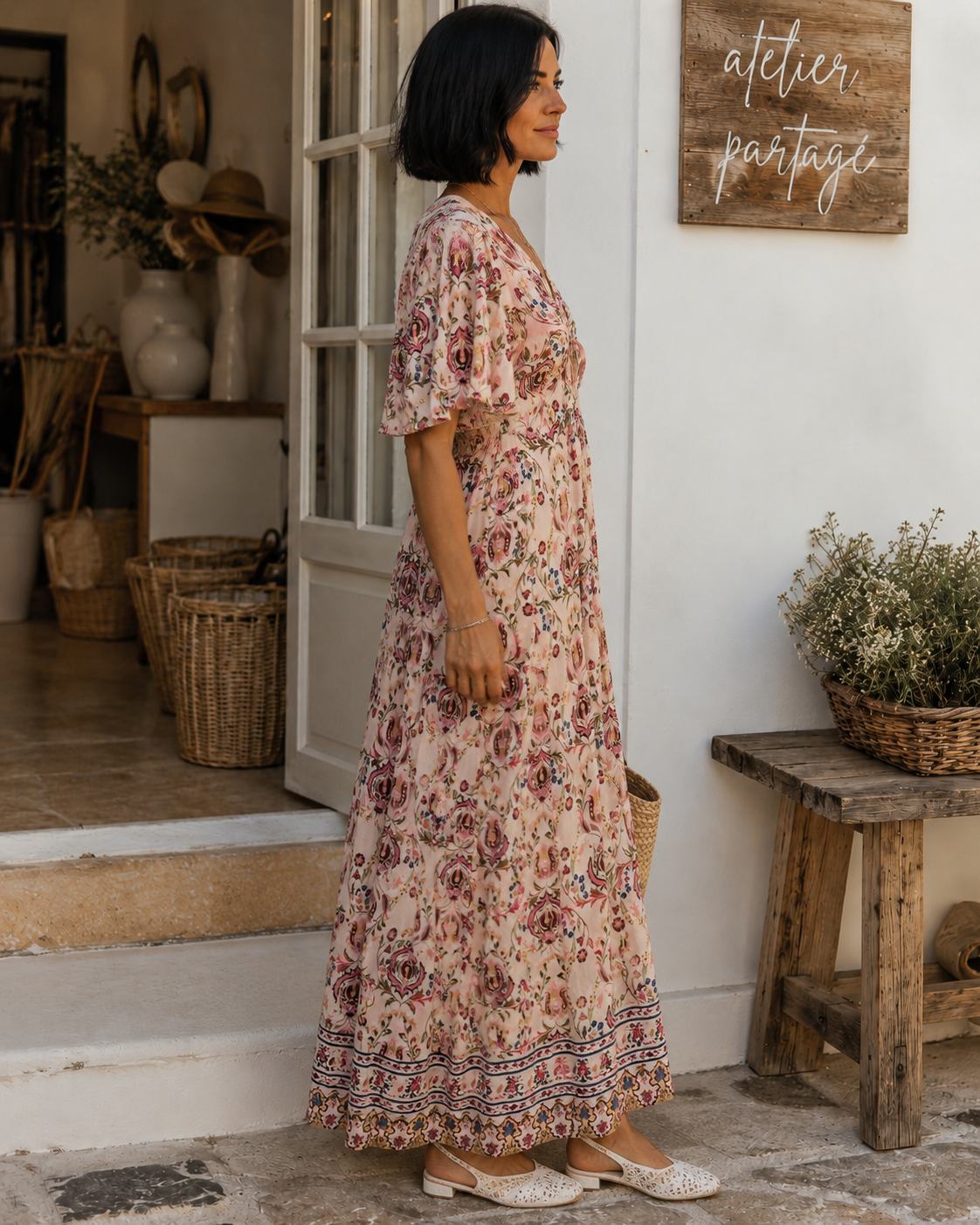     Robe longue imprimée femme à col V avec manches courtes et dos élastiqué