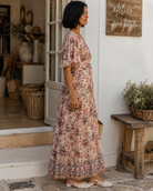     Robe longue imprimée femme à col V avec manches courtes et dos élastiqué
