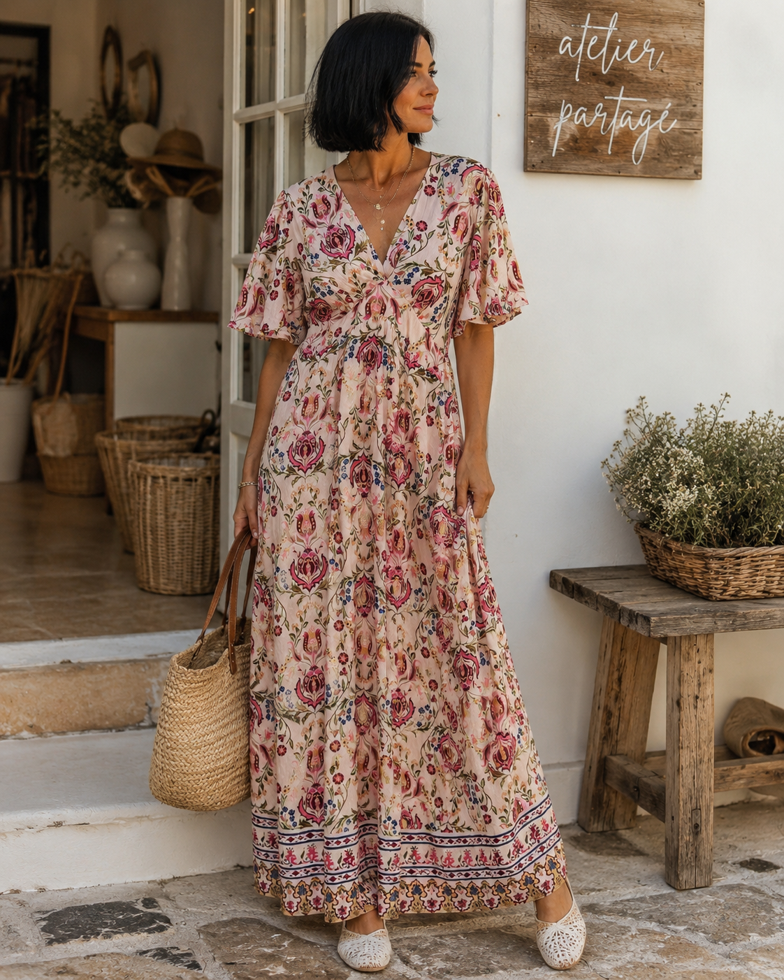     Robe longue imprimée femme à col V avec manches courtes et dos élastiqué