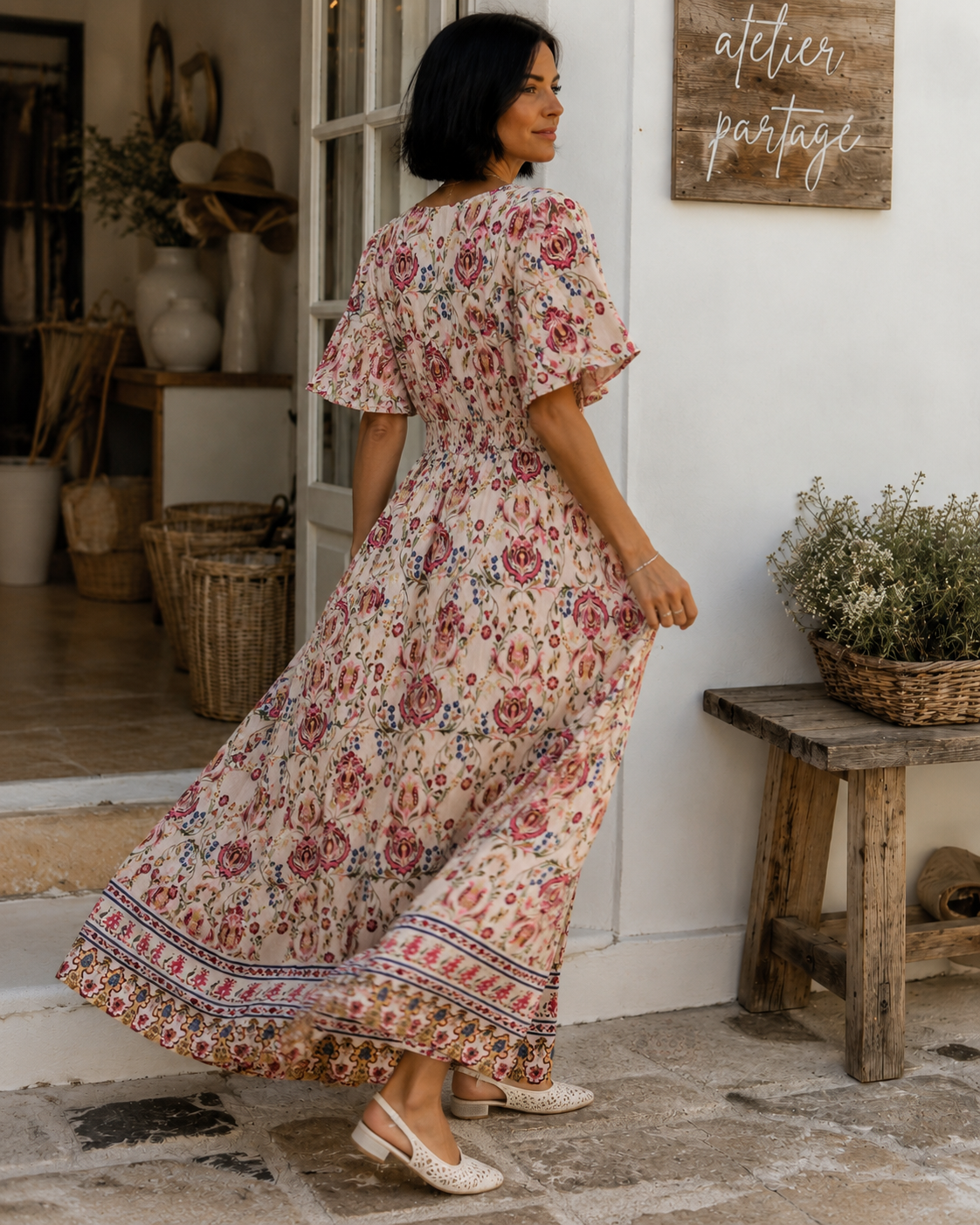     Robe longue imprimée femme à col V avec manches courtes et dos élastiqué