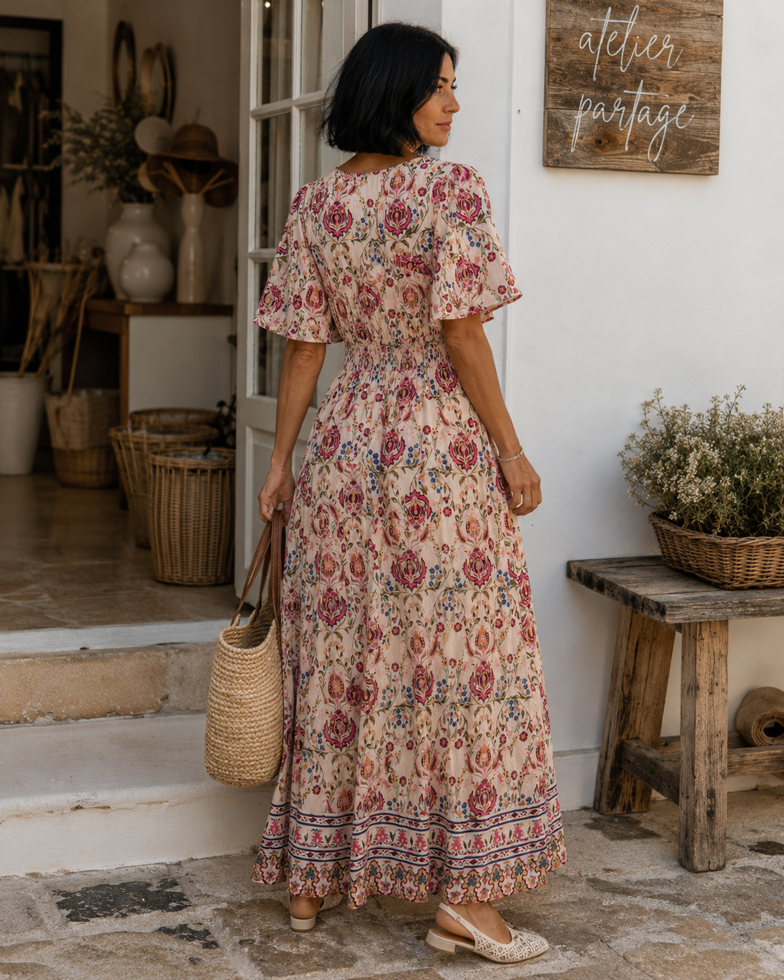     Robe longue imprimée femme à col V avec manches courtes et dos élastiqué