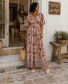     Robe longue imprimée femme à col V avec manches courtes et dos élastiqué