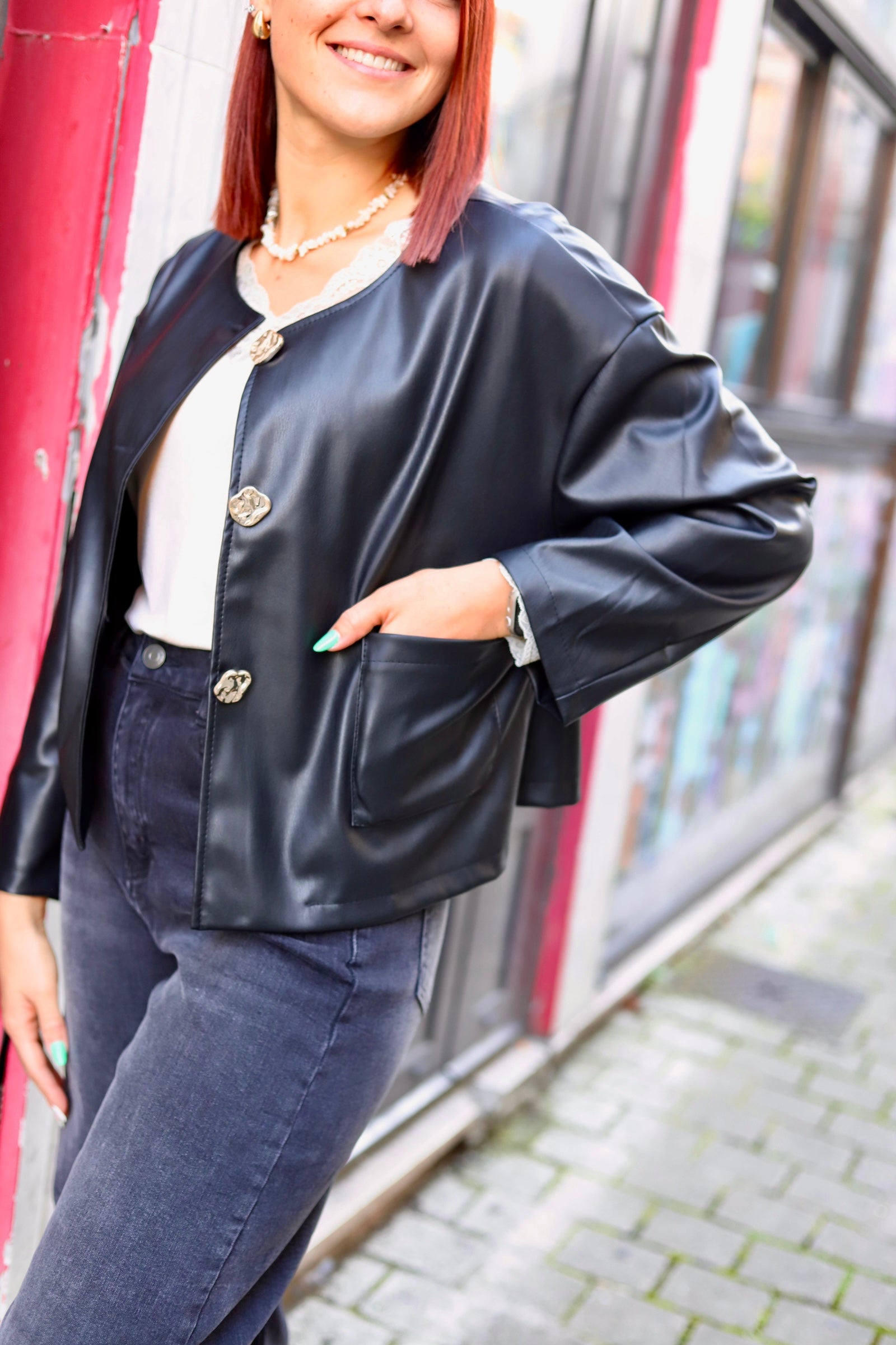 Veste Courte en Simili Cuir-beatifulshop