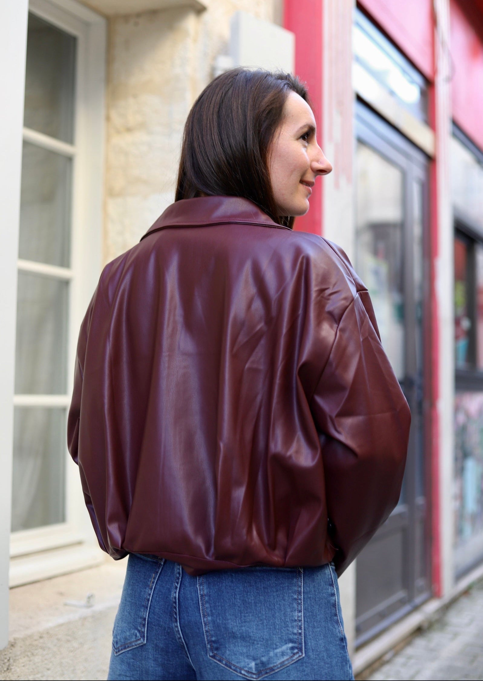 Veste Courte en Simili Cuir Bordeaux -beautifulshop