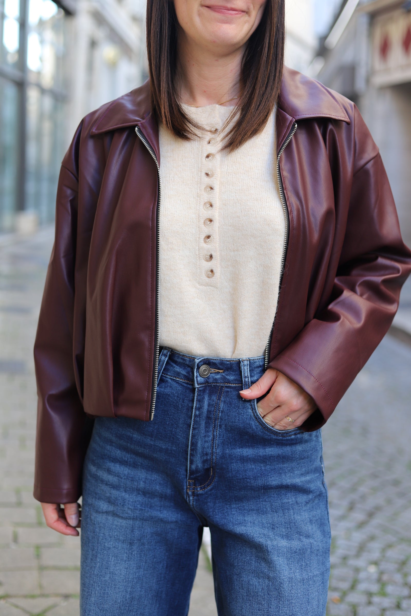 Veste Courte en Simili Cuir Bordeaux -beautifulshop