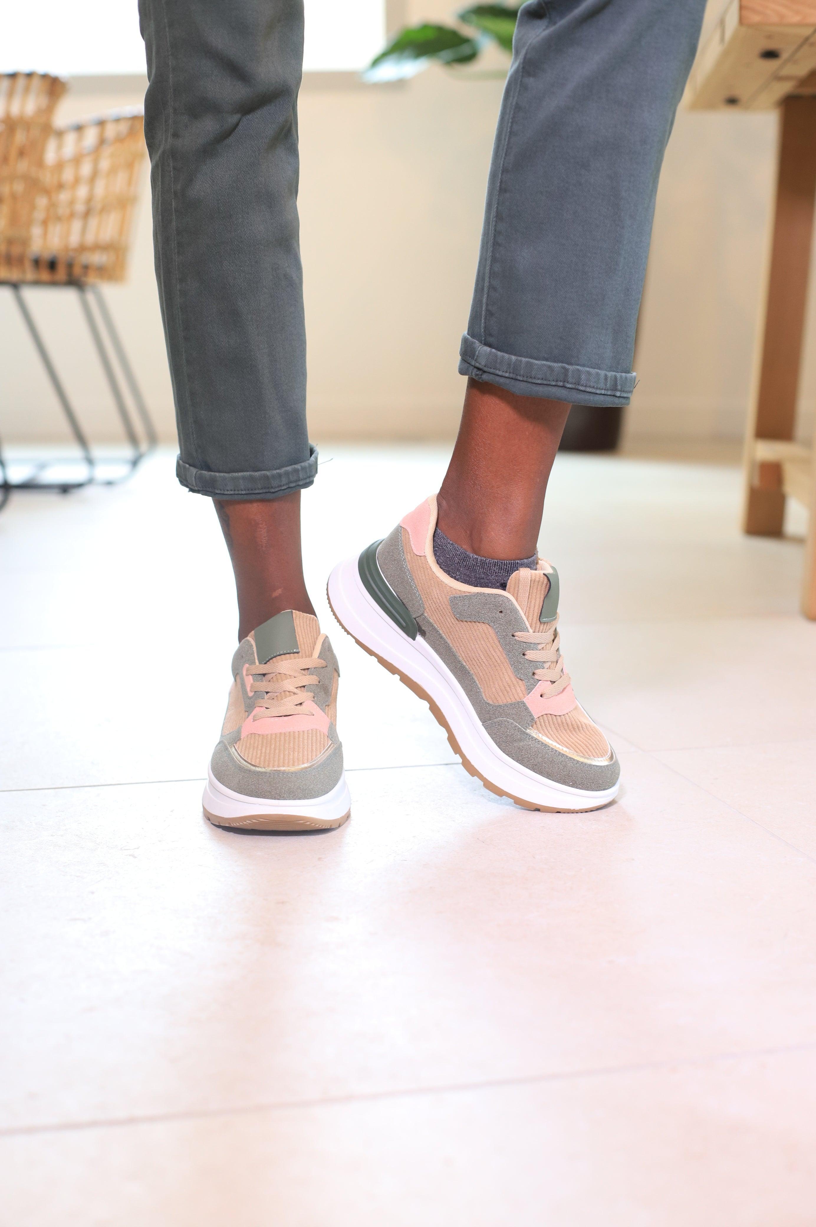 Baskets Femme Bi-Matière Kaki et Beige - Velours et Daim - beautifulshop