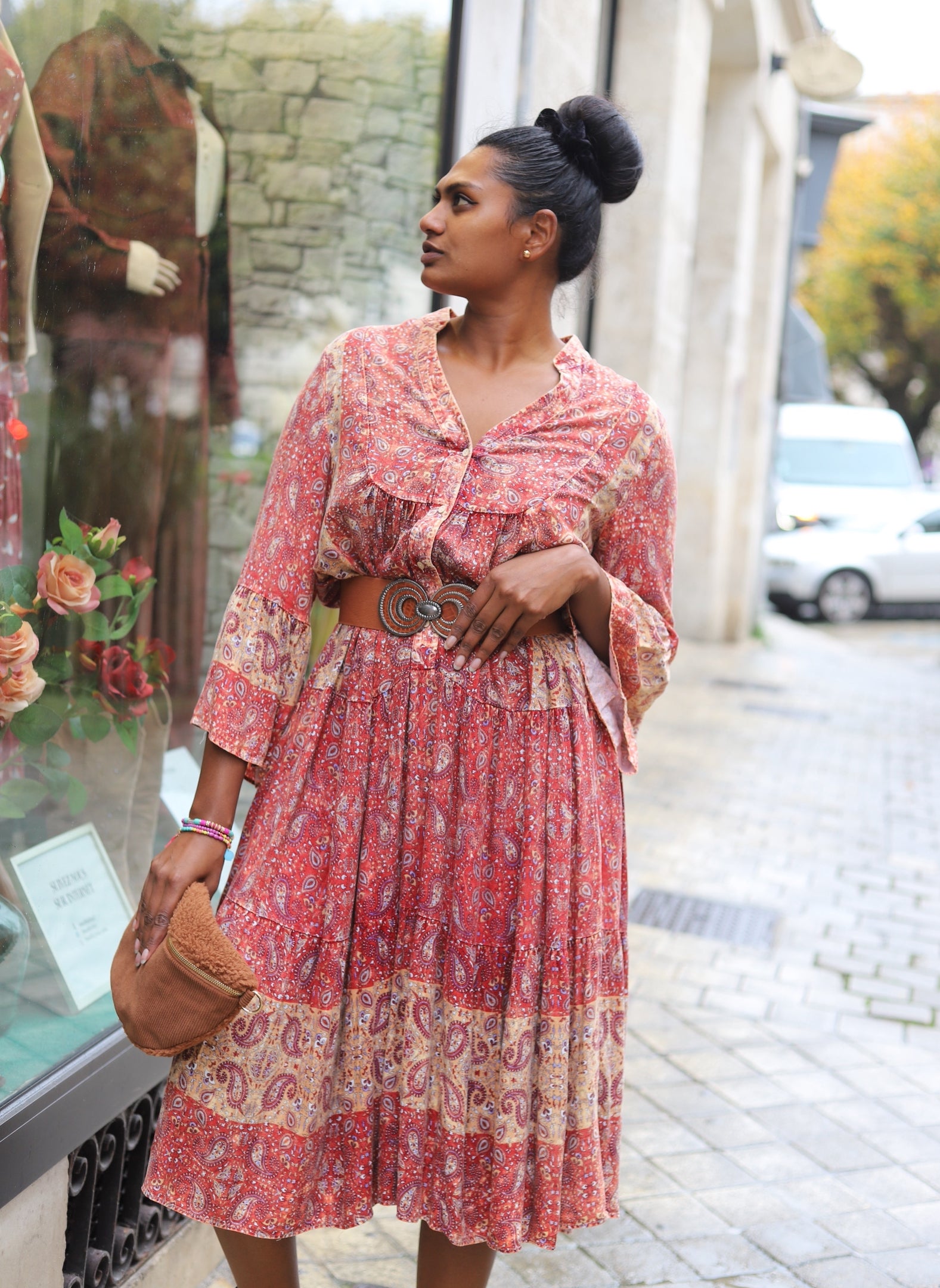 Robe Bohème Imprimée Marron-beautifulshop