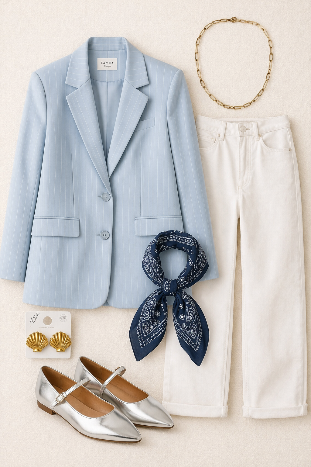 Blazer loose bleu ciel à fines rayures blanches