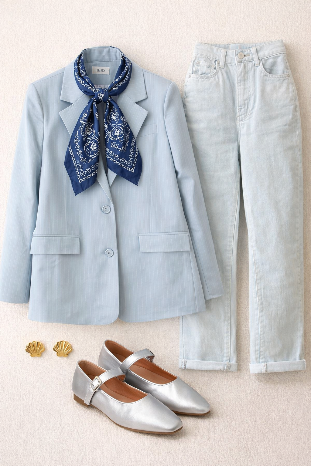 Blazer loose bleu ciel à fines rayures blanches