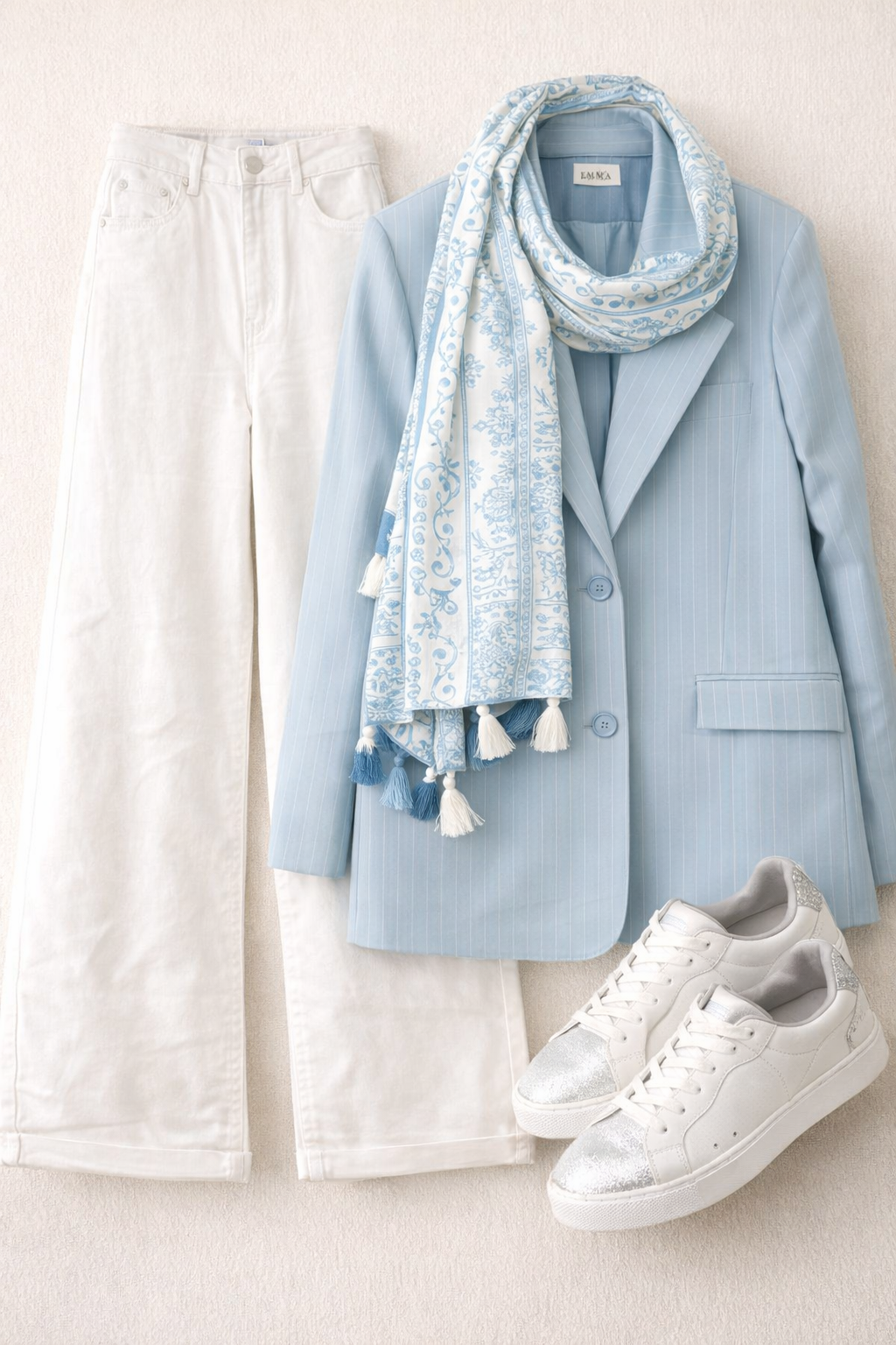 Blazer bleu ciel ample à fines rayures blanches – Beautiful Shop