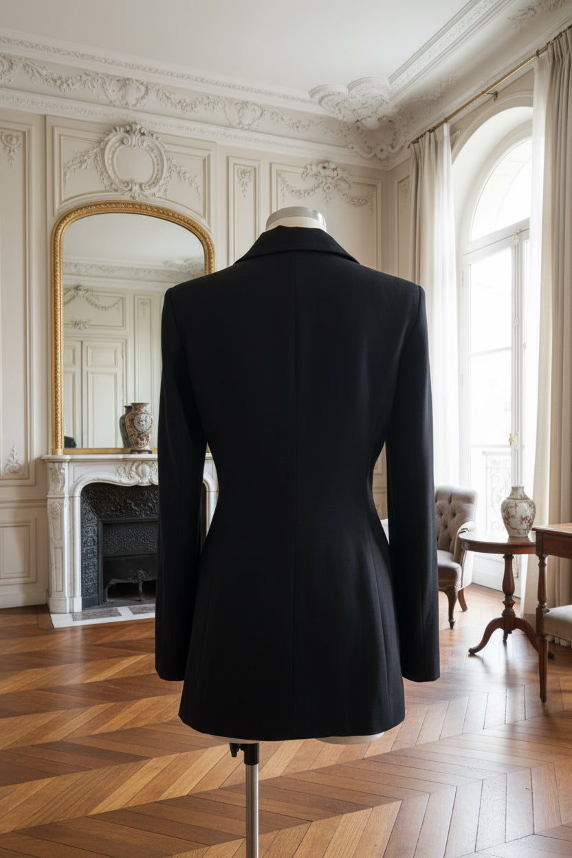 blazer noir femme, veste noire cintrée, blazer élégant, veste tailleur femme, veste noire recyclée, blazer écoresponsable, veste bureau femme, look chic blazer