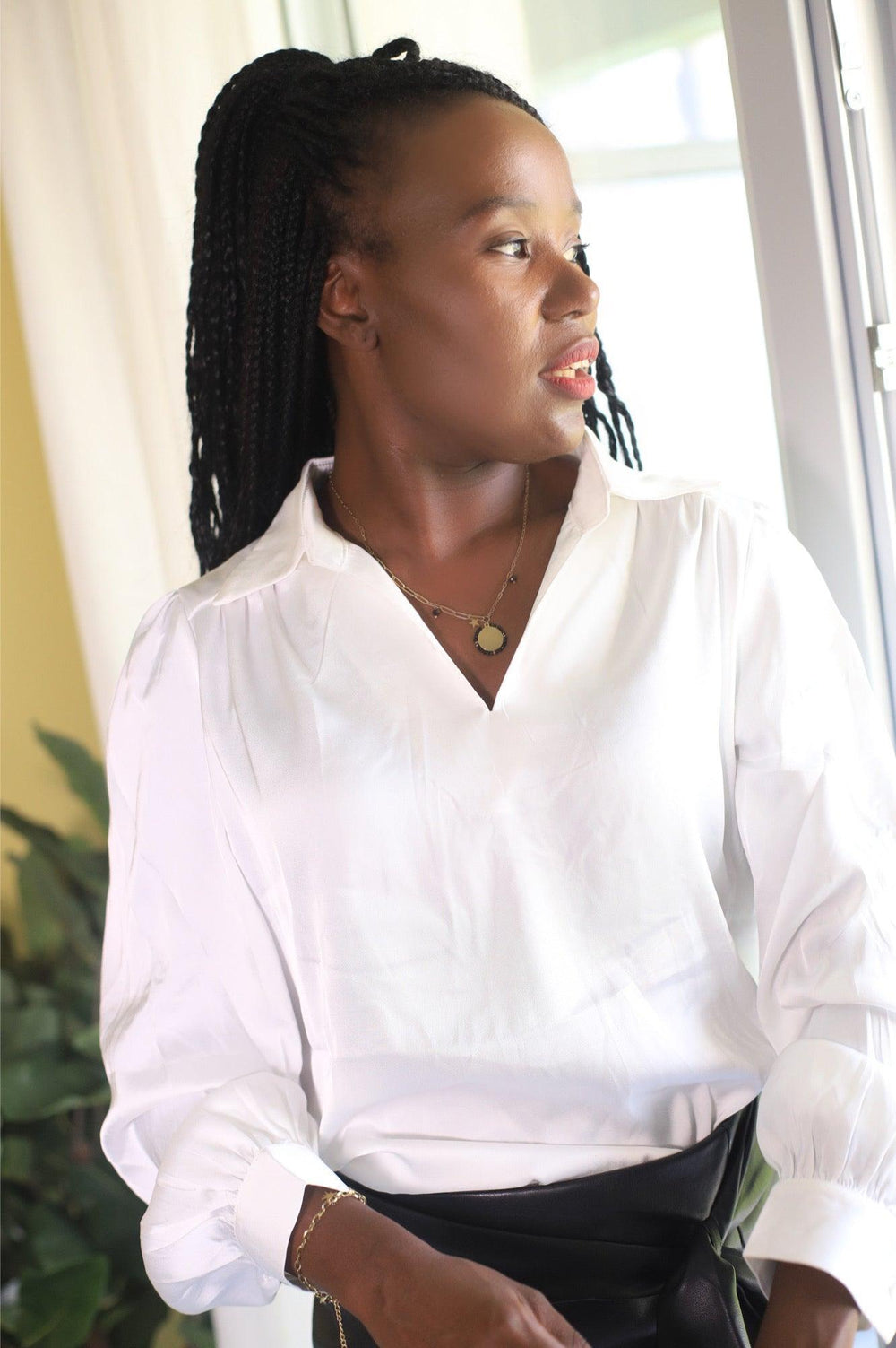 Blouse en Satin Fluide à Col V, Blanc - beautifulshop