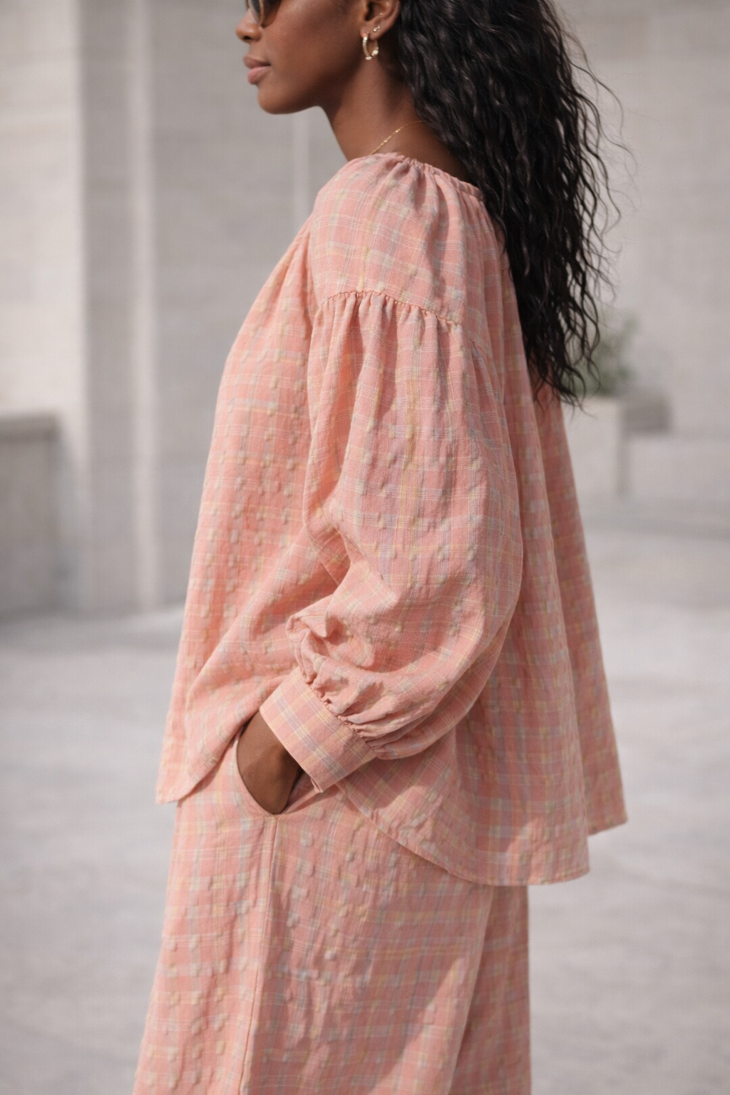 Blouse Esméral rose en coton texturé – Beautiful Shop