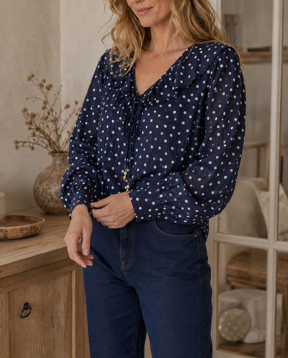 Blouse Léonie à pois – bleu marine – Beautiful Shop