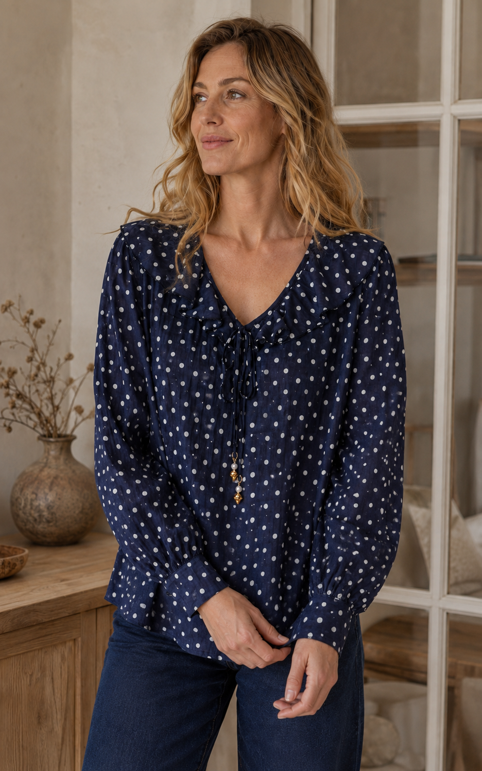 Blouse Léonie à pois – bleu marine – Beautiful Shop