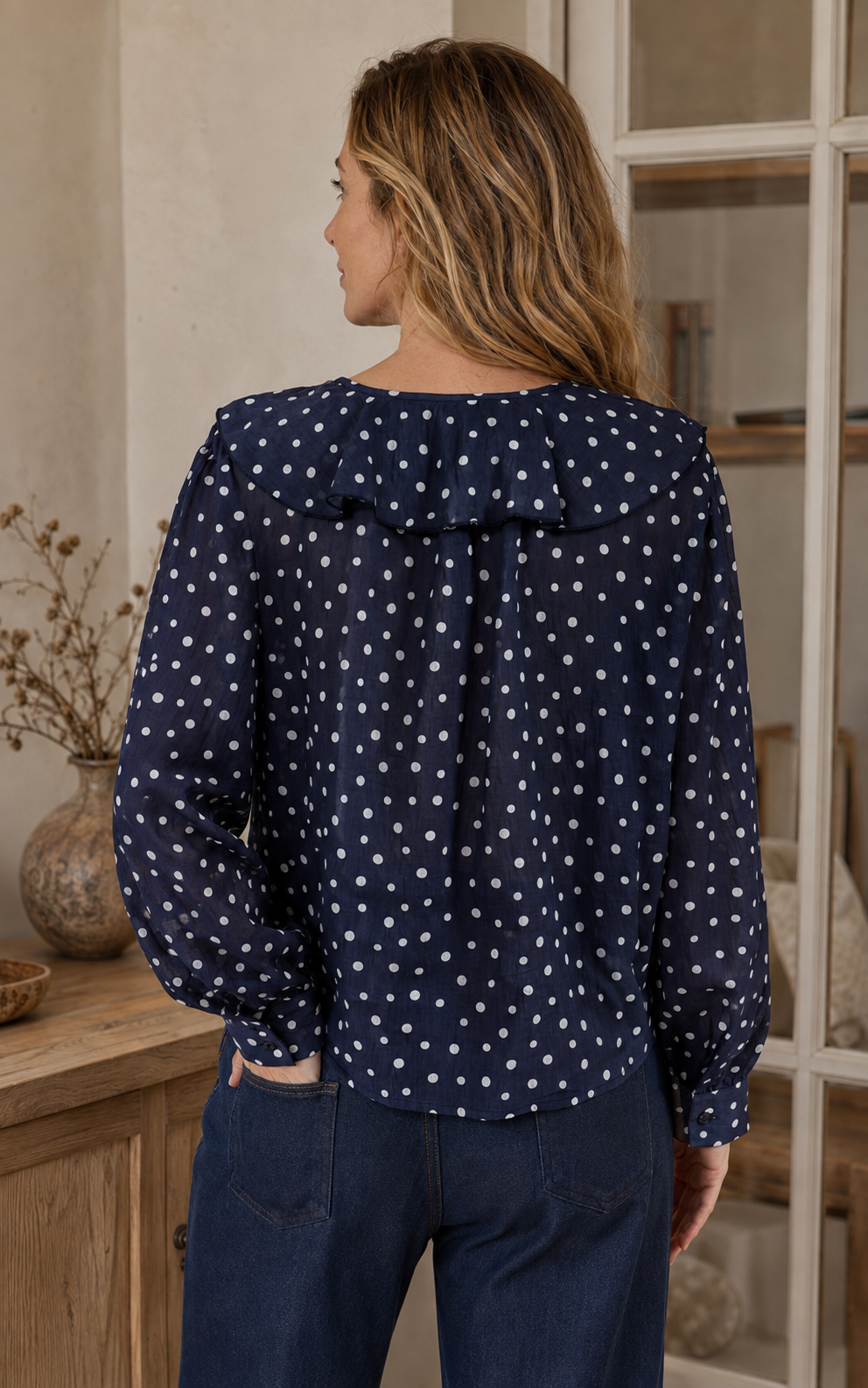 Blouse Léonie à pois – bleu marine – Beautiful Shop