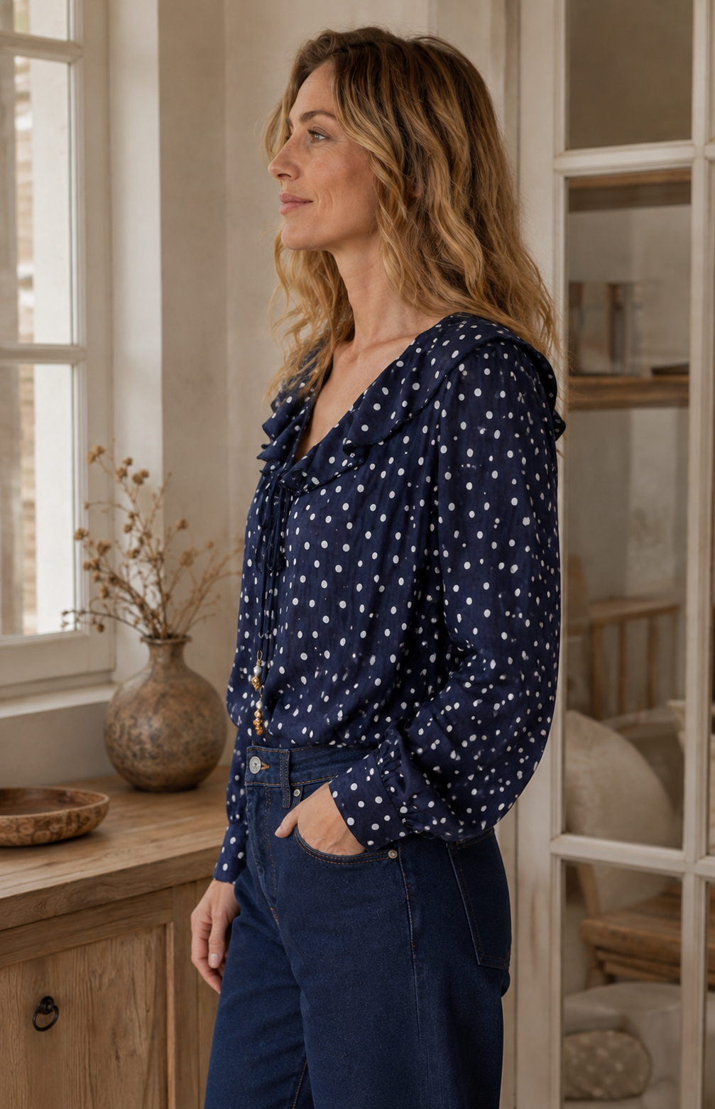 Blouse Léonie à pois – bleu marine – Beautiful Shop