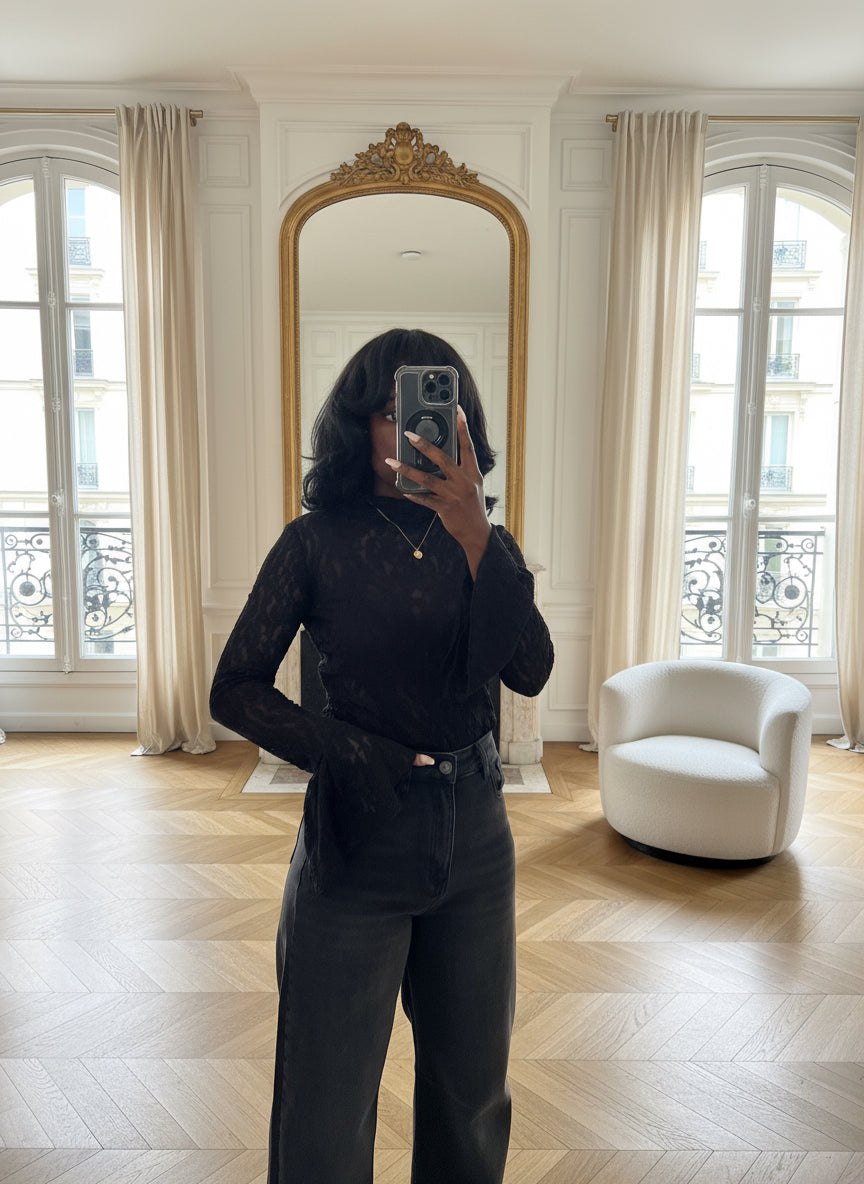 blouse dentelle noire femme, haut transparent soirée, top sexy chic femme, blouse col montant dentelle, haut volanté noir élégant, blouse romantique soirée