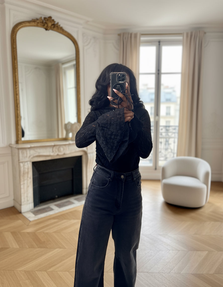 blouse dentelle noire femme, haut transparent soirée, top sexy chic femme, blouse col montant dentelle, haut volanté noir élégant, blouse romantique soirée