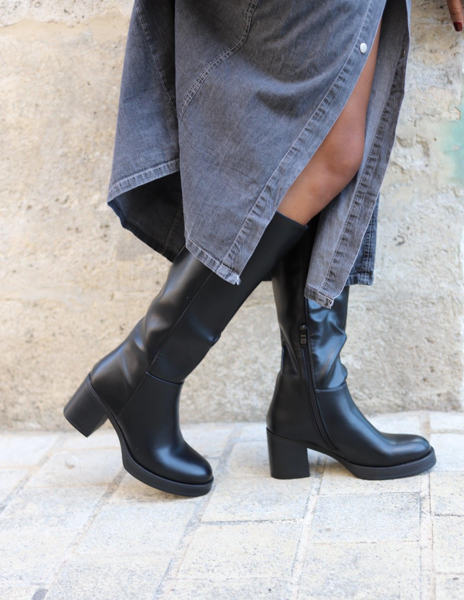 Bottes noires en similicuir à talon de 6 cm – Beautiful Shop