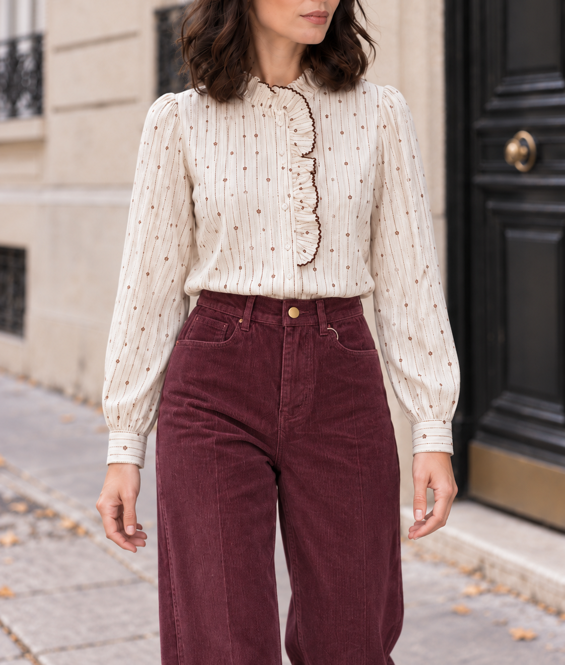Chemisier solène à volants et broderies – écru & bordeaux – Beautiful Shop