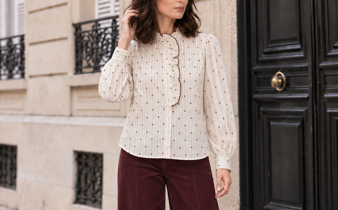 Chemisier solène à volants et broderies – écru & bordeaux – Beautiful Shop