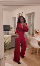 Combinaison bordeaux à col V et pantalon large – Beautiful Shop