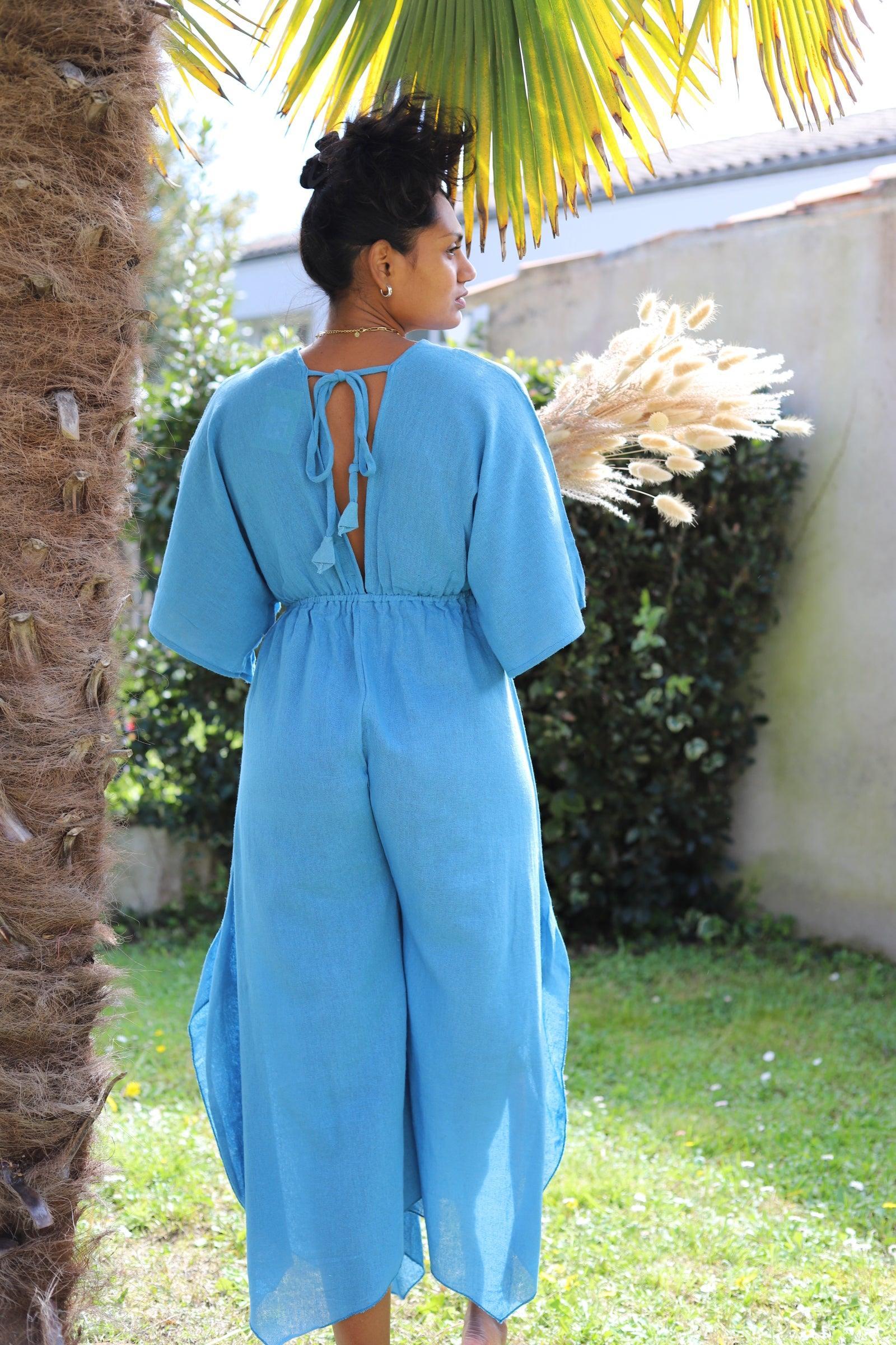 Combinaison Longue à Col en V - Bleu - beautifulshop