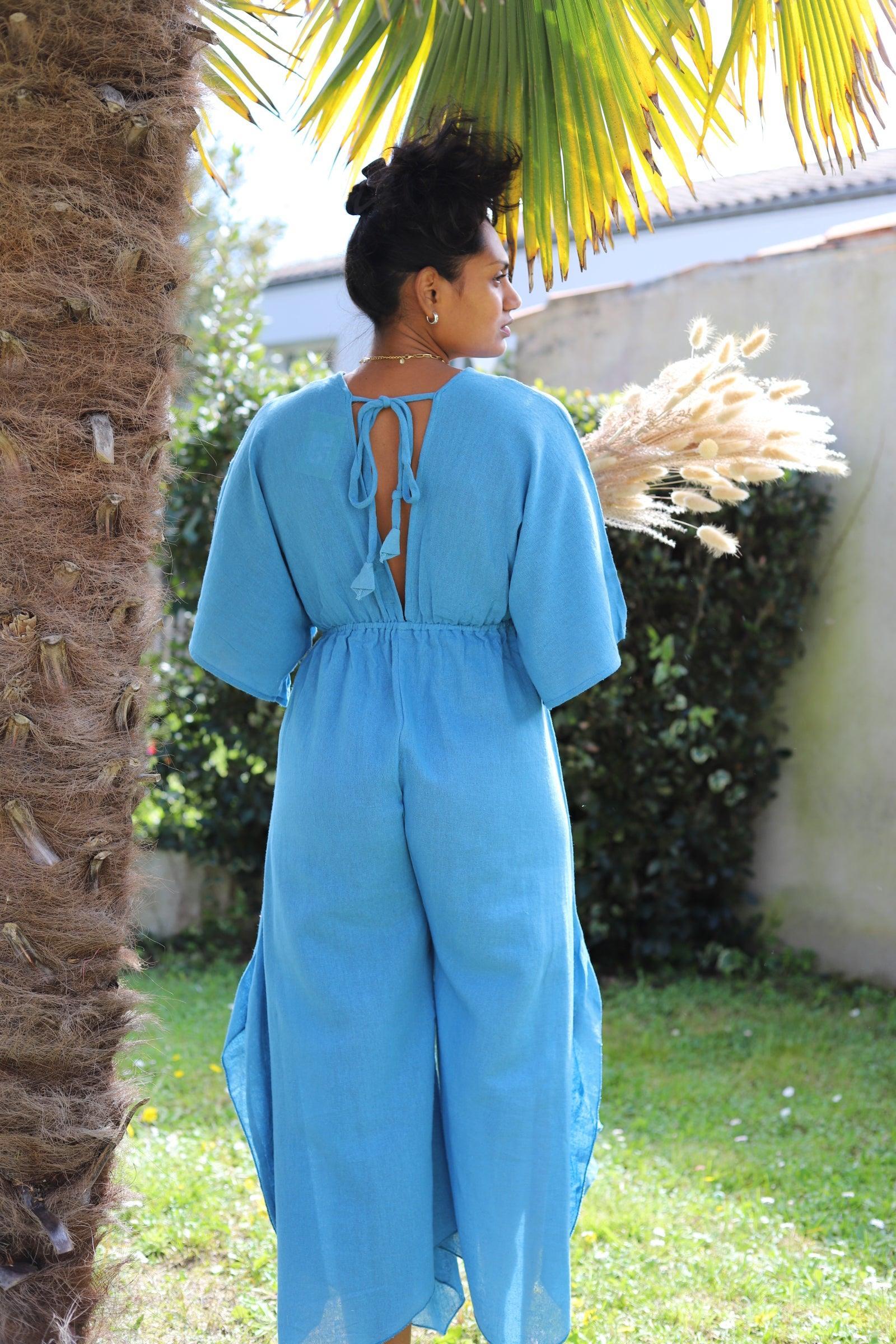 Combinaison Longue à Col en V - Bleu - beautifulshop