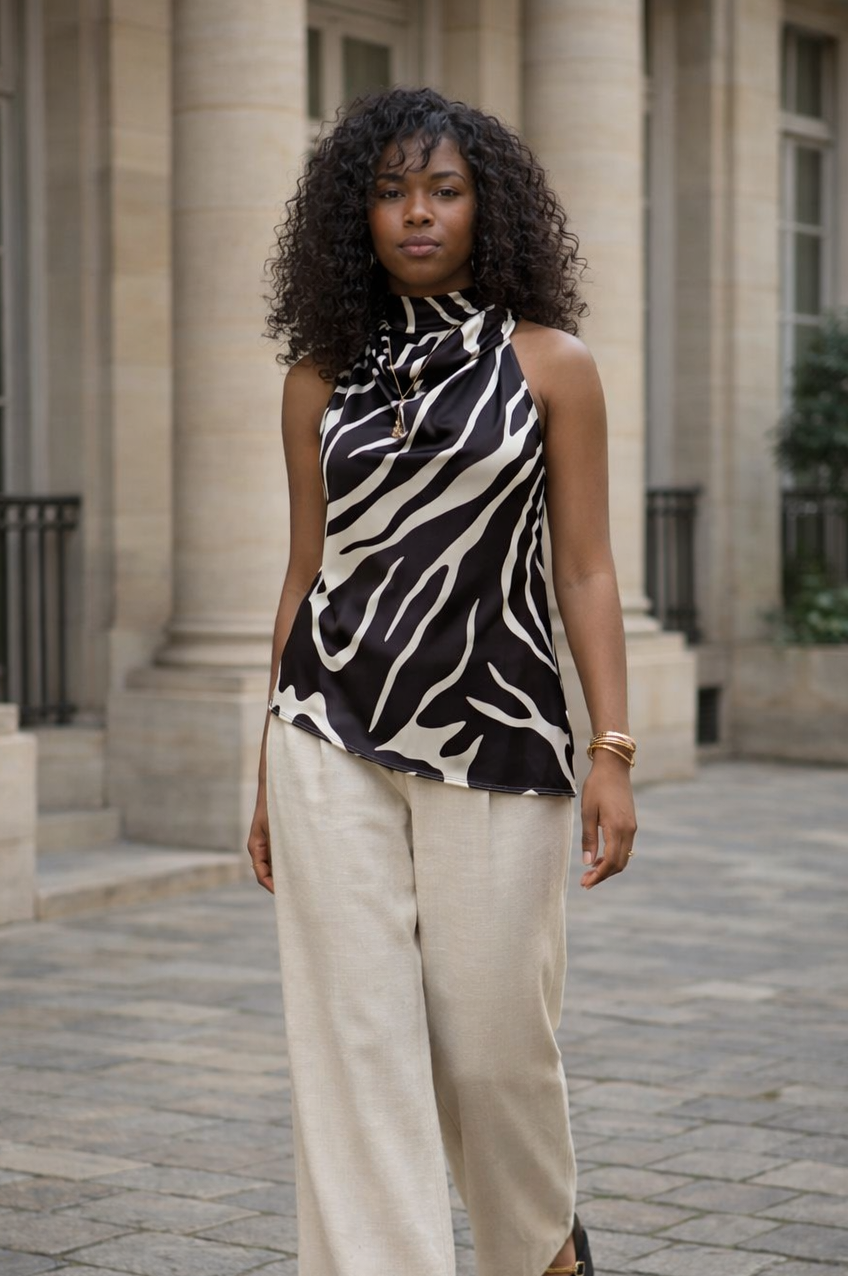 ensemble top imprimé pantalon beige femme