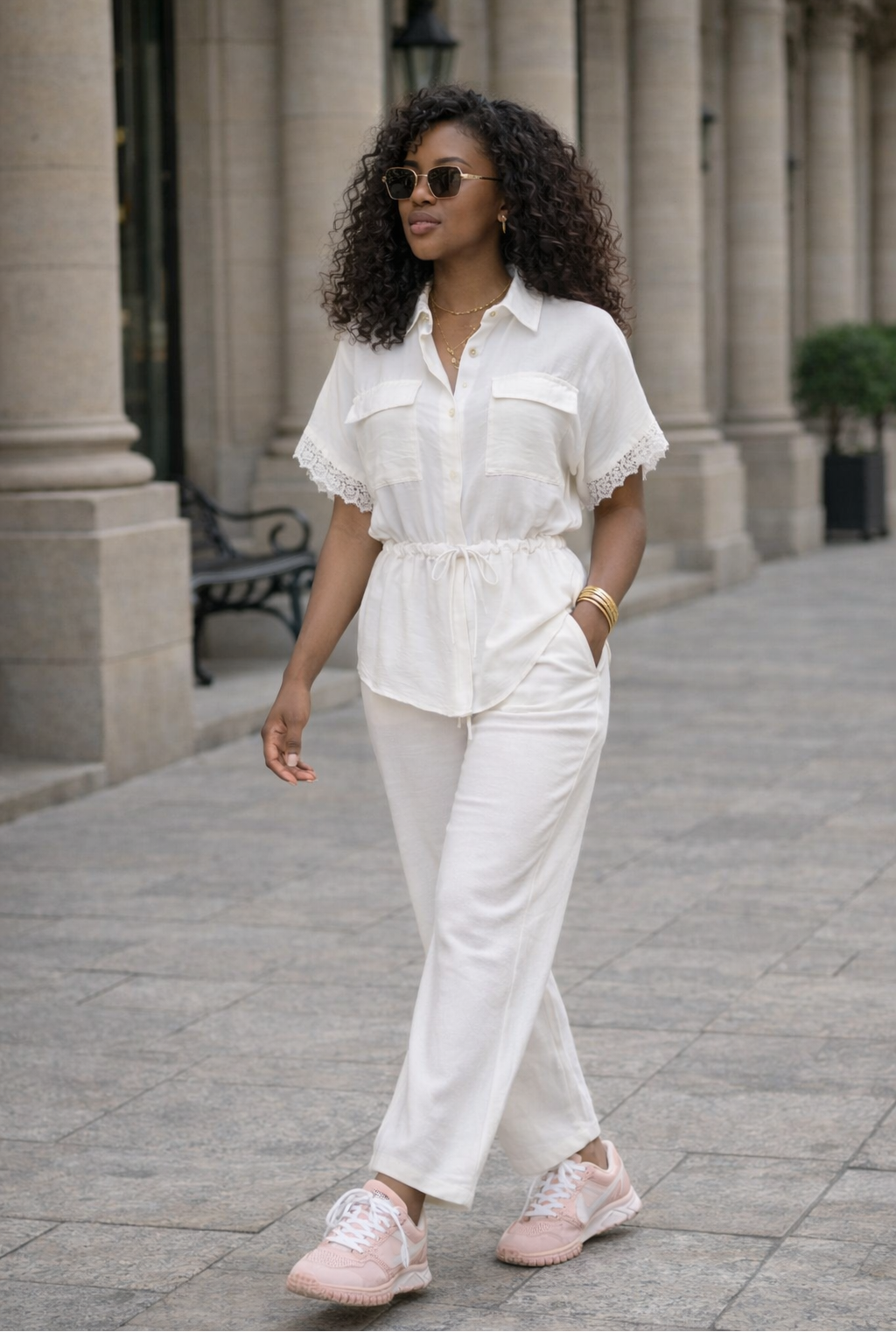     ensemble blanc femme chemisier manches dentelle et pantalon fluide