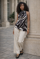 ensemble top imprimé pantalon beige femme