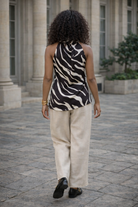 ensemble top imprimé pantalon beige femme