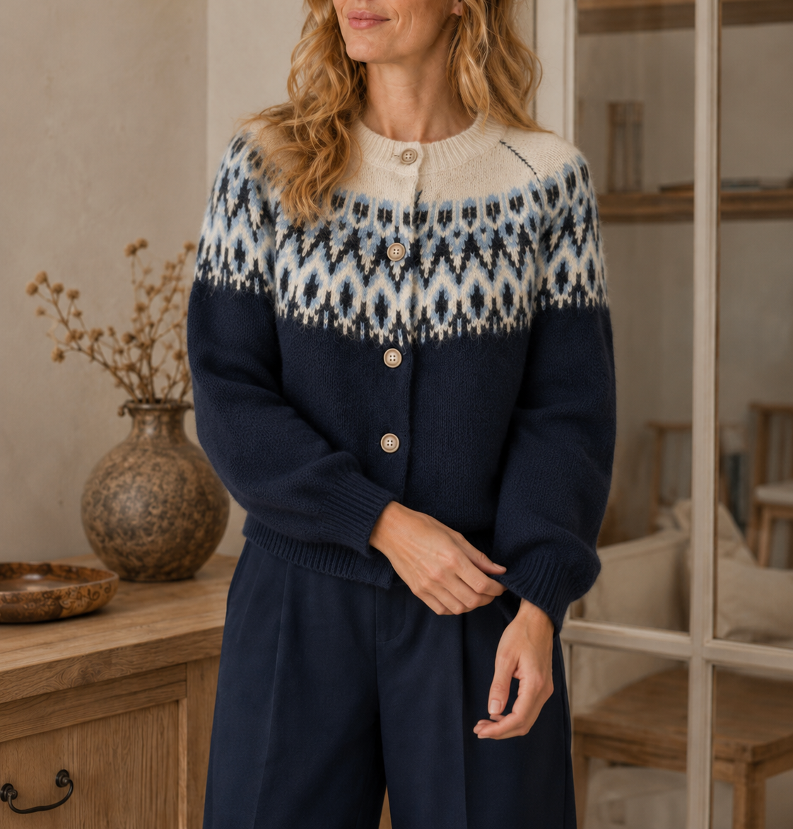 Gilet Astrid imprimé jacquard – bleu marine – Beautiful Shop